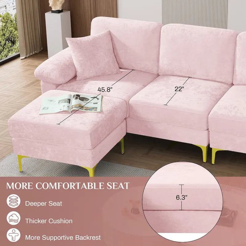 Blue/Pink/Orange/Green/Yellow Velvet U-Shaped Sectional Sofa with Chaise & Pillows, Seats 4–5