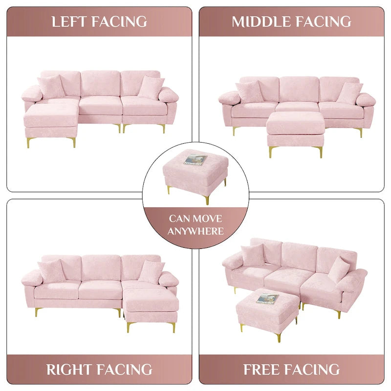 Blue/Pink/Orange/Green/Yellow Velvet U-Shaped Sectional Sofa with Chaise & Pillows, Seats 4–5