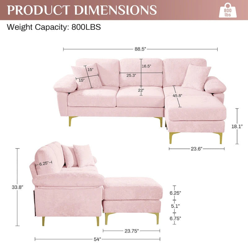 Blue/Pink/Orange/Green/Yellow Velvet U-Shaped Sectional Sofa with Chaise & Pillows, Seats 4–5