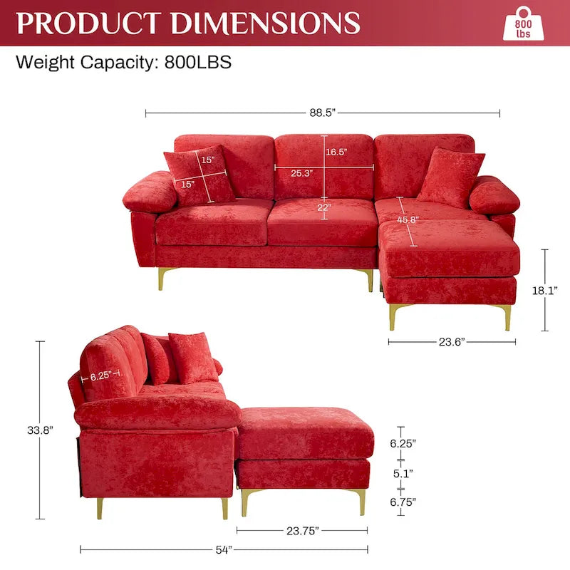 Blue/Pink/Orange/Green/Yellow Velvet U-Shaped Sectional Sofa with Chaise & Pillows, Seats 4–5