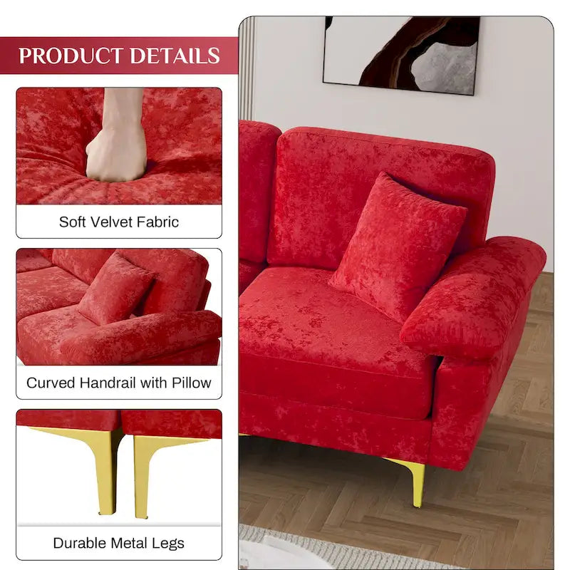 Blue/Pink/Orange/Green/Yellow Velvet U-Shaped Sectional Sofa with Chaise & Pillows, Seats 4–5