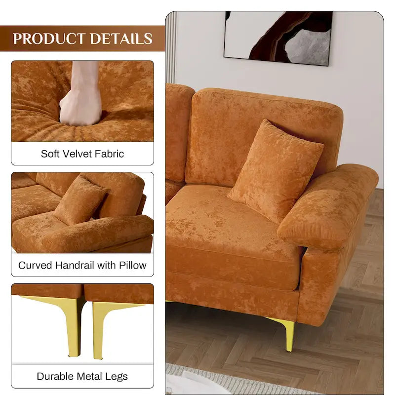Blue/Pink/Orange/Green/Yellow Velvet U-Shaped Sectional Sofa with Chaise & Pillows, Seats 4–5