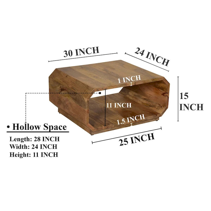 Natural Brown Wood Coffee Table, Hollow Cube Style, 30"L x 24"W x 15"H