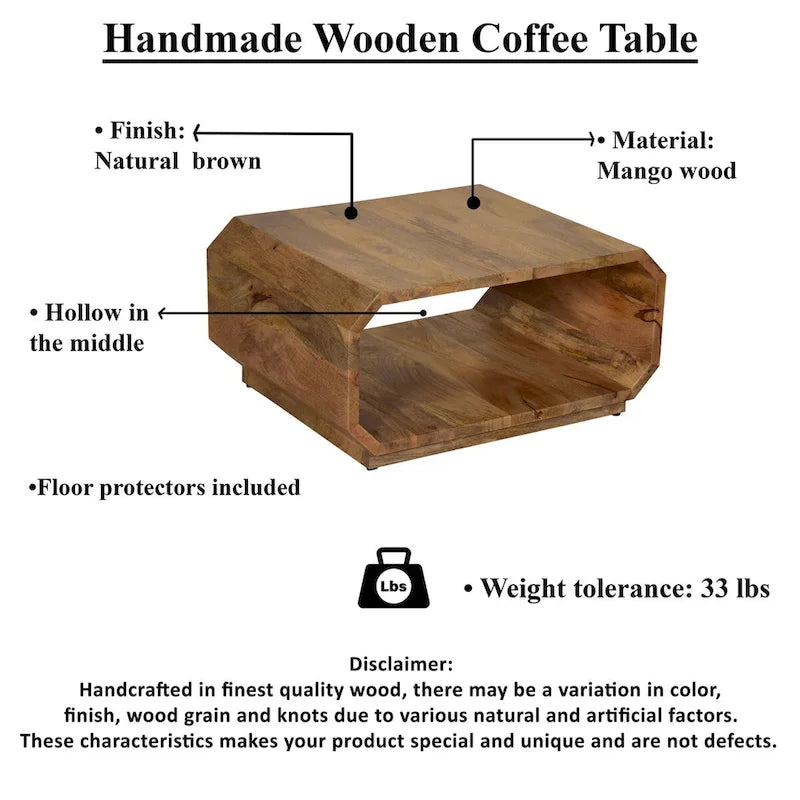 Natural Brown Wood Coffee Table, Hollow Cube Style, 30"L x 24"W x 15"H