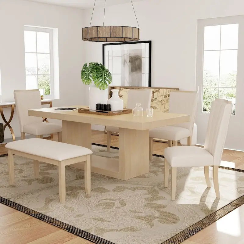 6-Person Extendable Dining Table Set with Bench and Upholstered Chairs, Natural Beige / Grey