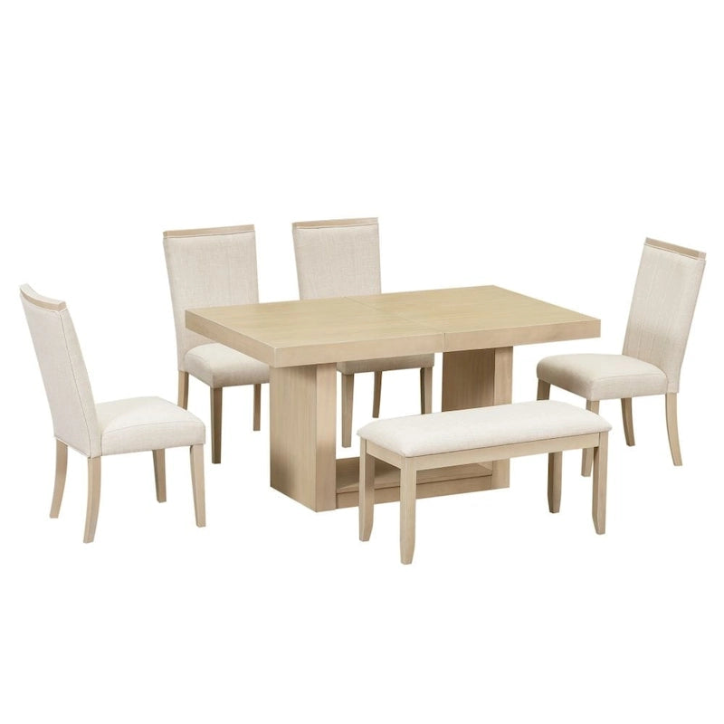 6-Person Extendable Dining Table Set with Bench and Upholstered Chairs, Natural Beige / Grey