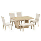 6-Person Extendable Dining Table Set with Bench and Upholstered Chairs, Natural Beige / Grey