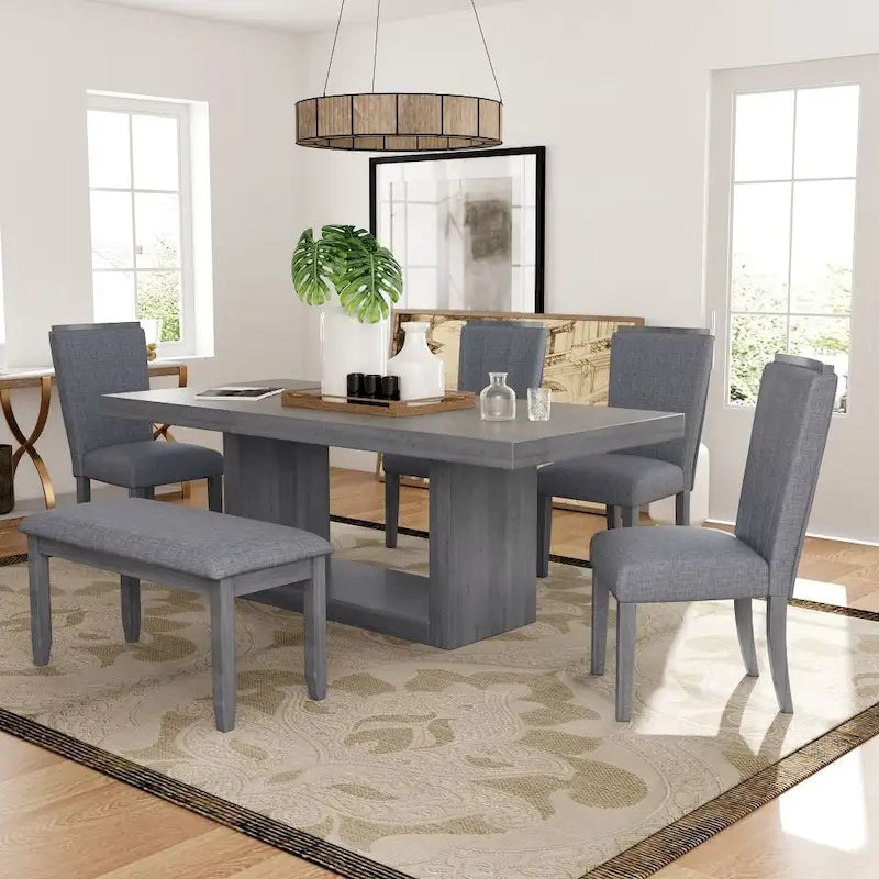6-Person Extendable Dining Table Set with Bench and Upholstered Chairs, Natural Beige / Grey
