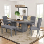 6-Person Extendable Dining Table Set with Bench and Upholstered Chairs, Natural Beige / Grey