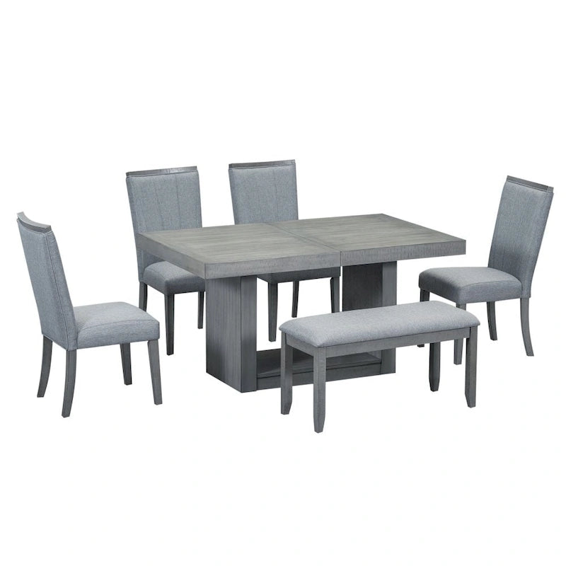 6-Person Extendable Dining Table Set with Bench and Upholstered Chairs, Natural Beige / Grey