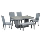 6-Person Extendable Dining Table Set with Bench and Upholstered Chairs, Natural Beige / Grey