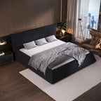 Gray Velvet Upholstered Platform Bed with Padded Headboard, King, 1-Person