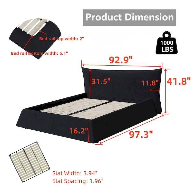 Gray Velvet Upholstered Platform Bed with Padded Headboard, King, 1-Person