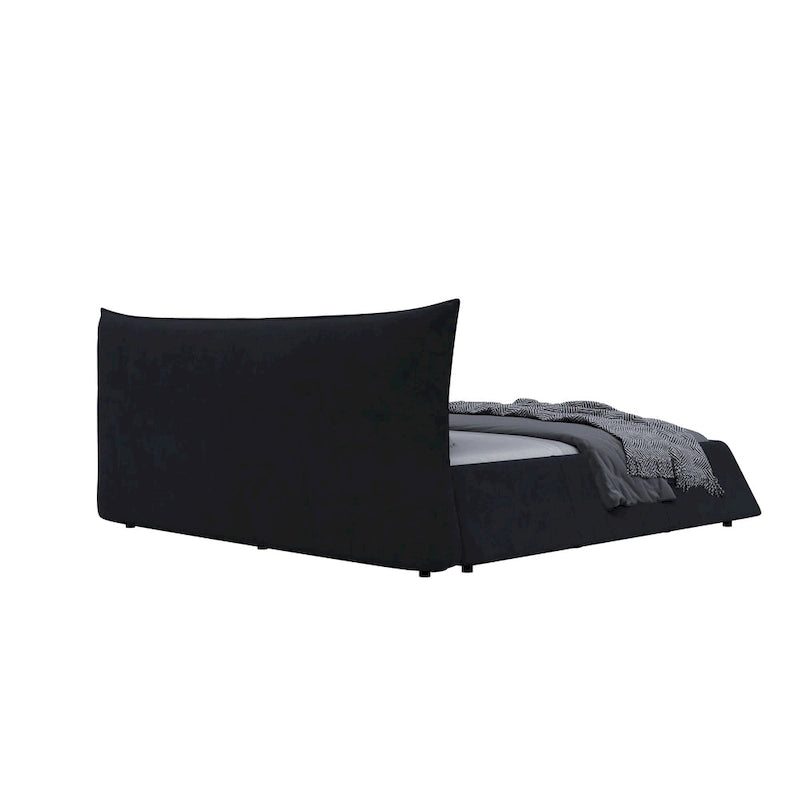 Gray Velvet Upholstered Platform Bed with Padded Headboard, King, 1-Person