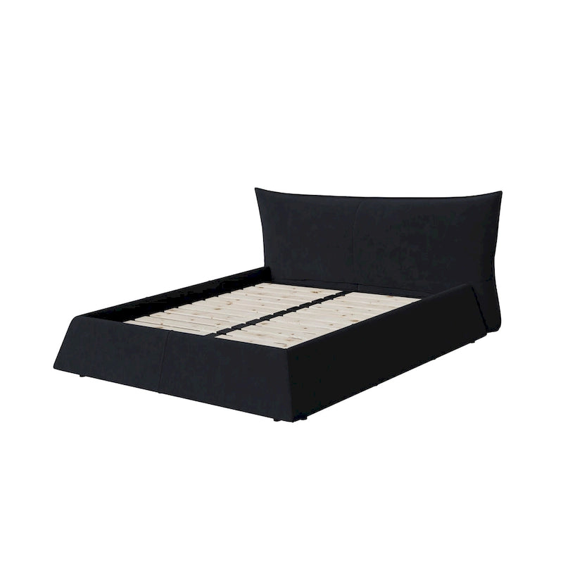 Gray Velvet Upholstered Platform Bed with Padded Headboard, King, 1-Person