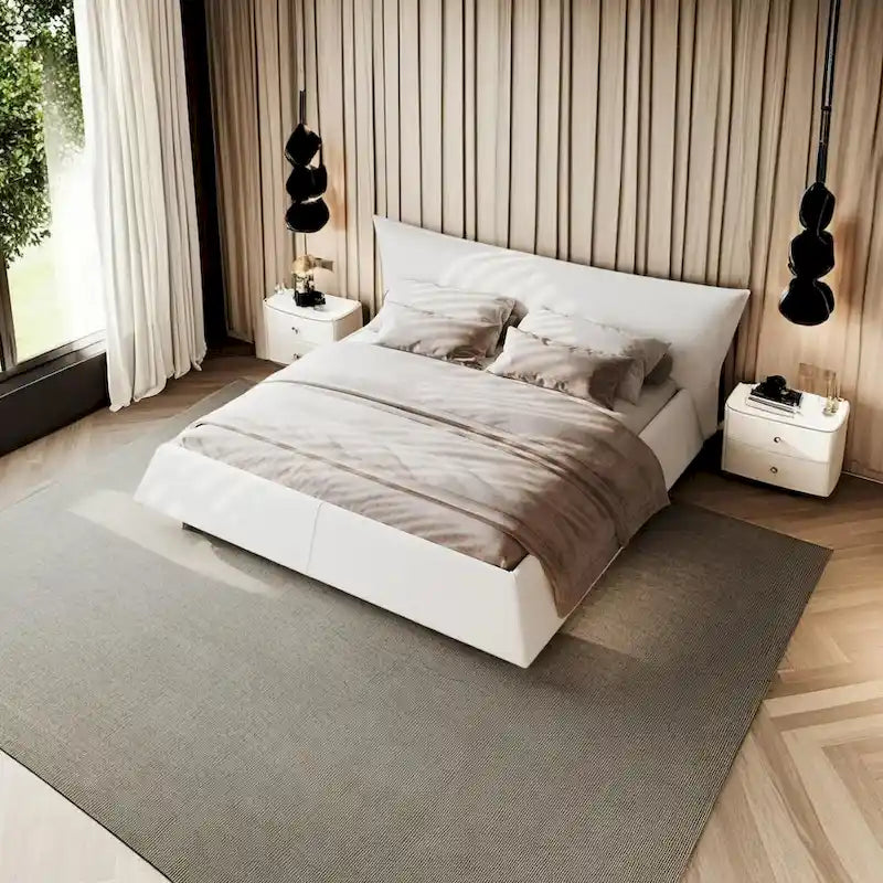 Gray Velvet Upholstered Platform Bed with Padded Headboard, King, 1-Person