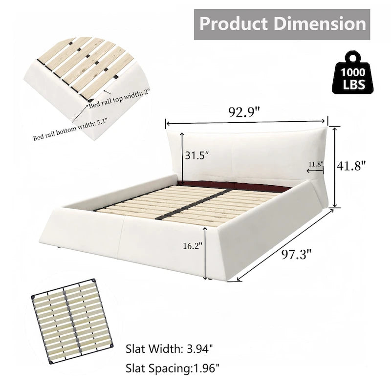 Gray Velvet Upholstered Platform Bed with Padded Headboard, King, 1-Person
