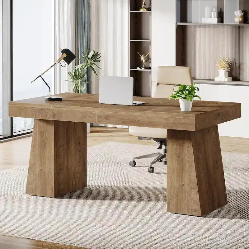 55" Mid-Century Single-Person Office Desk, Trapezoid Base, Black / Light Brown / Grey / Brown