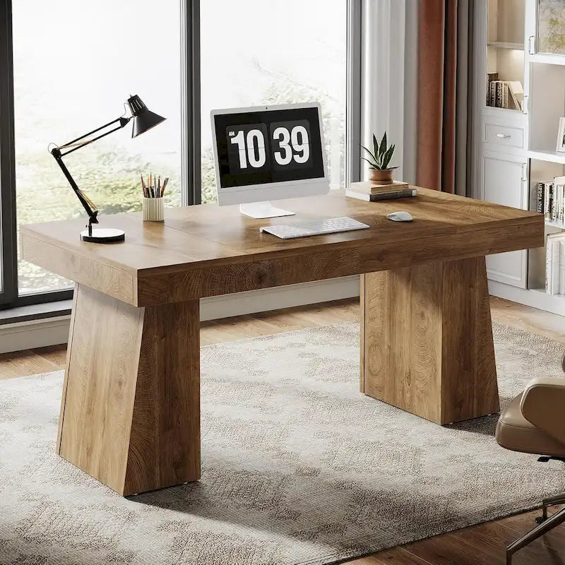 55" Mid-Century Single-Person Office Desk, Trapezoid Base, Black / Light Brown / Grey / Brown