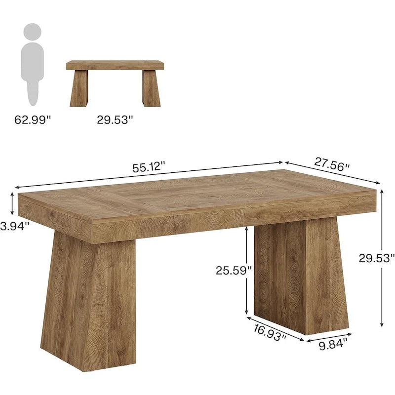 55" Mid-Century Single-Person Office Desk, Trapezoid Base, Black / Light Brown / Grey / Brown