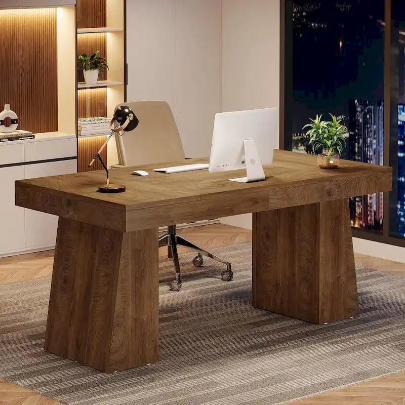 55" Mid-Century Single-Person Office Desk, Trapezoid Base, Black / Light Brown / Grey / Brown