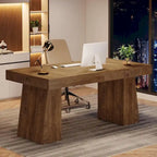 55" Mid-Century Single-Person Office Desk, Trapezoid Base, Black / Light Brown / Grey / Brown