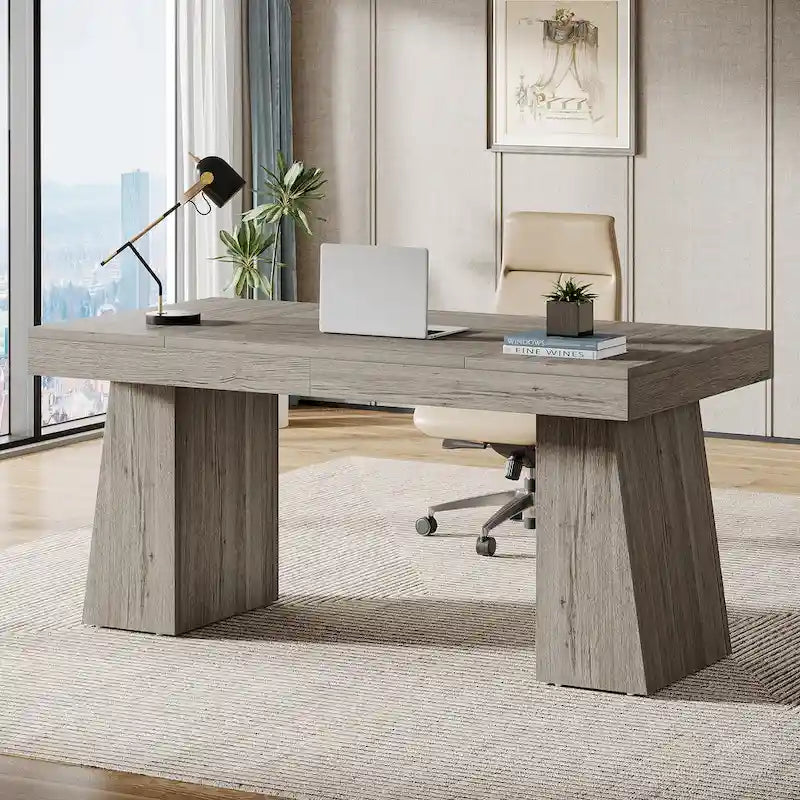 55" Mid-Century Single-Person Office Desk, Trapezoid Base, Black / Light Brown / Grey / Brown