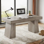 55" Mid-Century Single-Person Office Desk, Trapezoid Base, Black / Light Brown / Grey / Brown