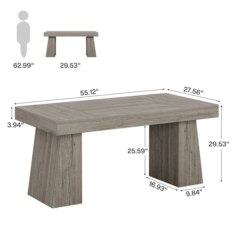 55" Mid-Century Single-Person Office Desk, Trapezoid Base, Black / Light Brown / Grey / Brown