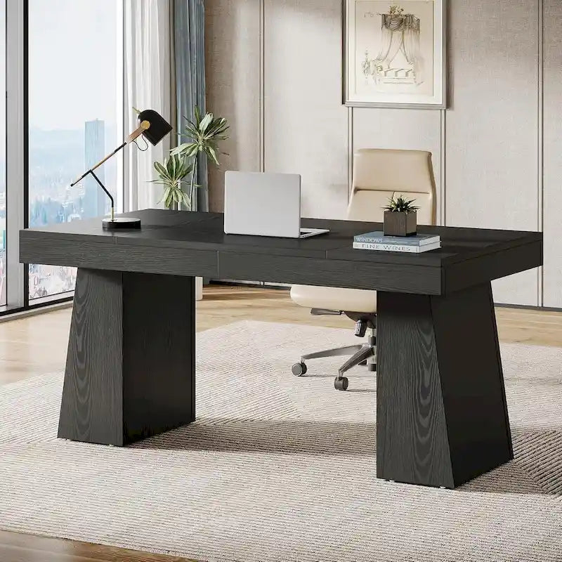 55" Mid-Century Single-Person Office Desk, Trapezoid Base, Black / Light Brown / Grey / Brown