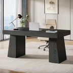 55" Mid-Century Single-Person Office Desk, Trapezoid Base, Black / Light Brown / Grey / Brown