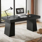 55" Mid-Century Single-Person Office Desk, Trapezoid Base, Black / Light Brown / Grey / Brown