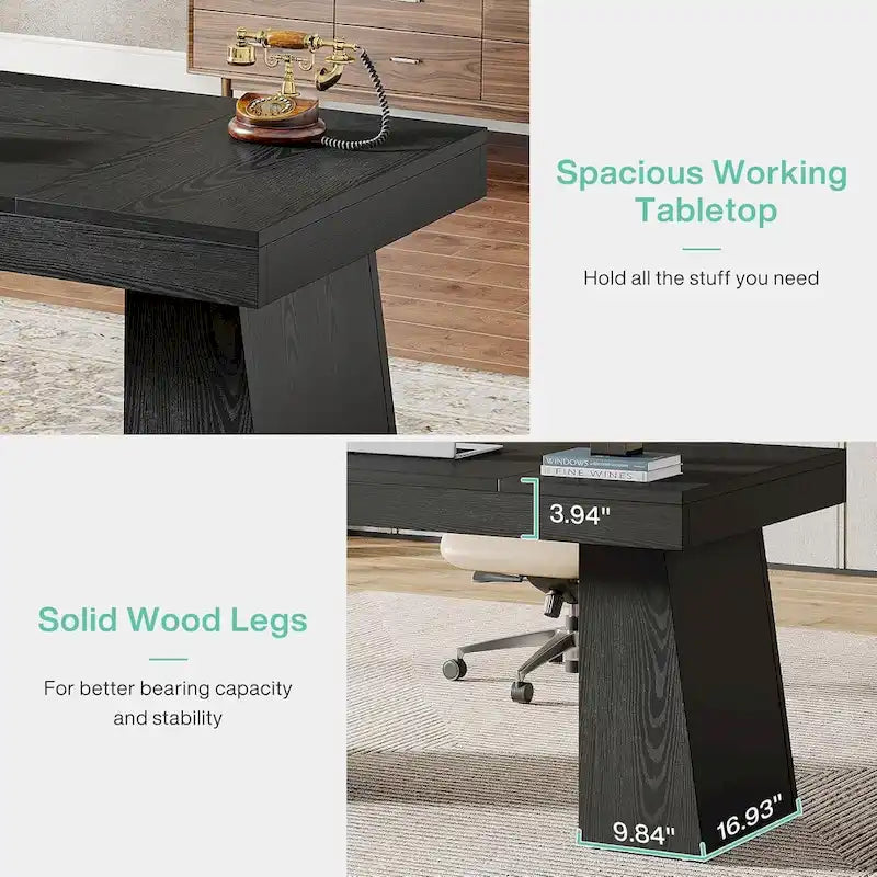 55" Mid-Century Single-Person Office Desk, Trapezoid Base, Black / Light Brown / Grey / Brown