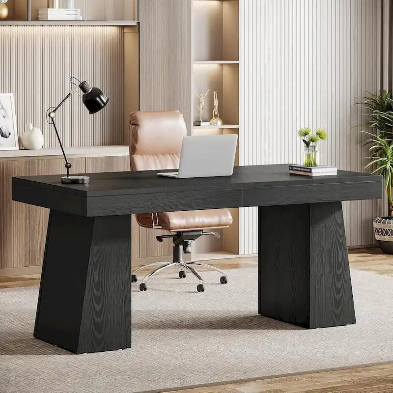 55" Mid-Century Single-Person Office Desk, Trapezoid Base, Black / Light Brown / Grey / Brown