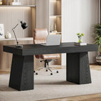 55" Mid-Century Single-Person Office Desk, Trapezoid Base, Black / Light Brown / Grey / Brown