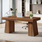 55" Mid-Century Single-Person Office Desk, Trapezoid Base, Black / Light Brown / Grey / Brown