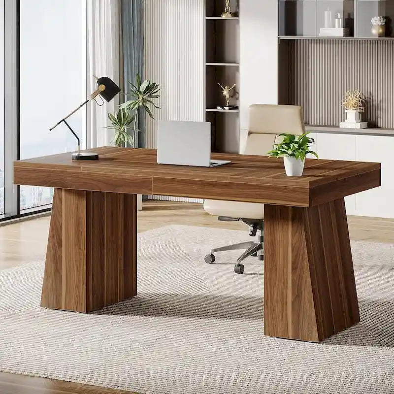 55" Mid-Century Single-Person Office Desk, Trapezoid Base, Black / Light Brown / Grey / Brown
