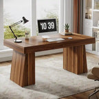 55" Mid-Century Single-Person Office Desk, Trapezoid Base, Black / Light Brown / Grey / Brown