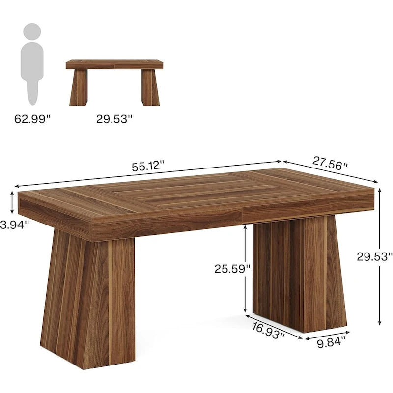 55" Mid-Century Single-Person Office Desk, Trapezoid Base, Black / Light Brown / Grey / Brown
