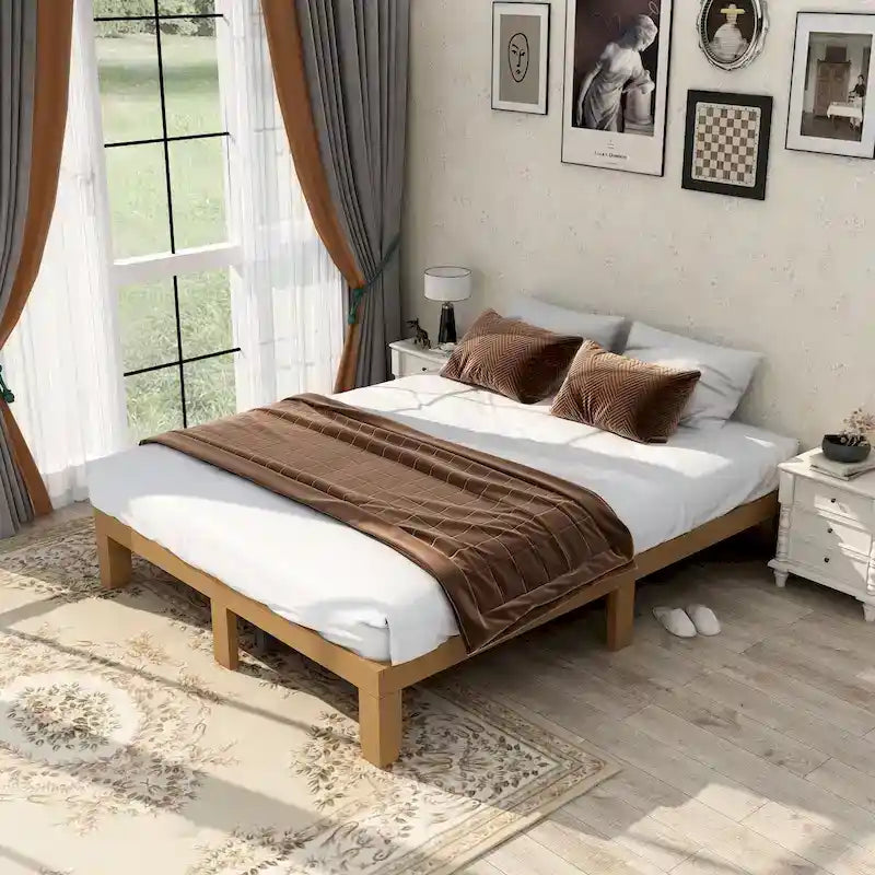 Brown & White Queen Platform Bed Frame, 2-Person, Wood Slat Support