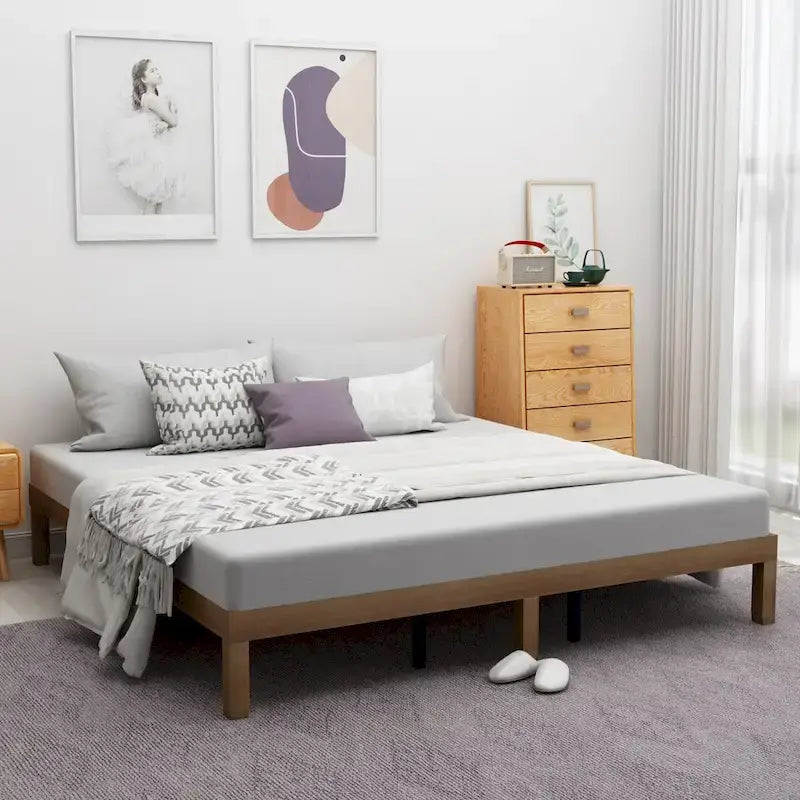 Brown & White Queen Platform Bed Frame, 2-Person, Wood Slat Support