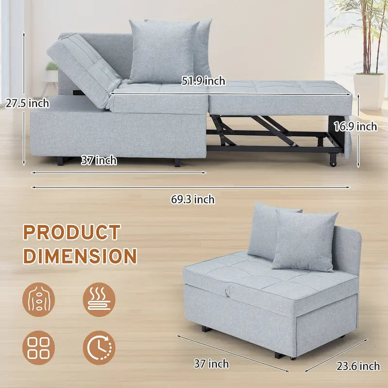 Grey / Black / Dark Blue / Beige Pull-Out Sofa Chair Bed, 3-in-1 Adjustable, Seats 2