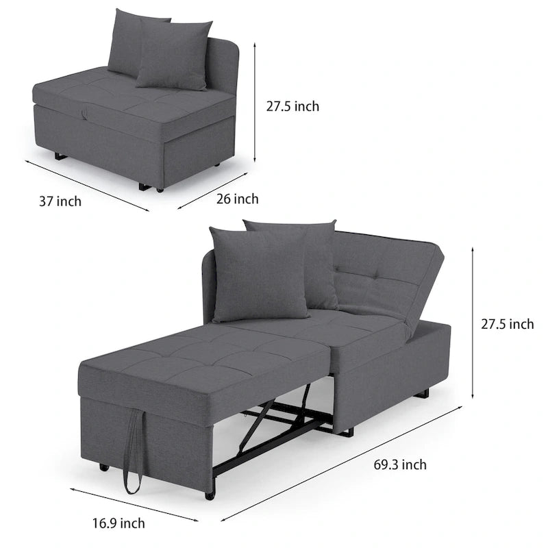 Grey / Black / Dark Blue / Beige Pull-Out Sofa Chair Bed, 3-in-1 Adjustable, Seats 2