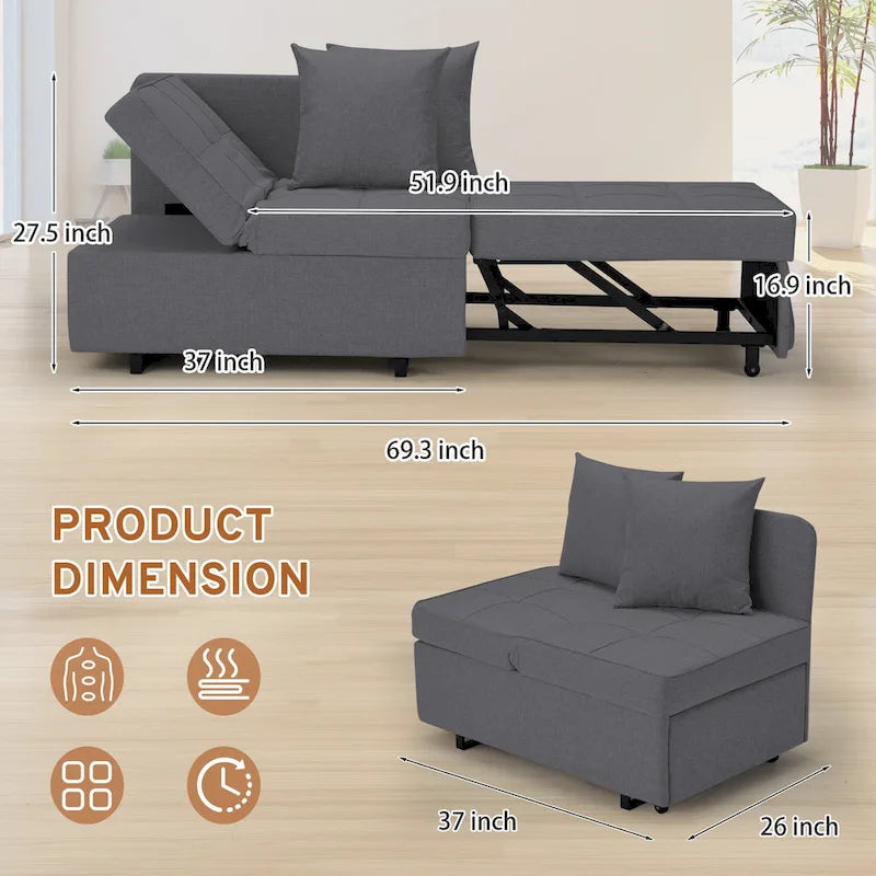 Grey / Black / Dark Blue / Beige Pull-Out Sofa Chair Bed, 3-in-1 Adjustable, Seats 2