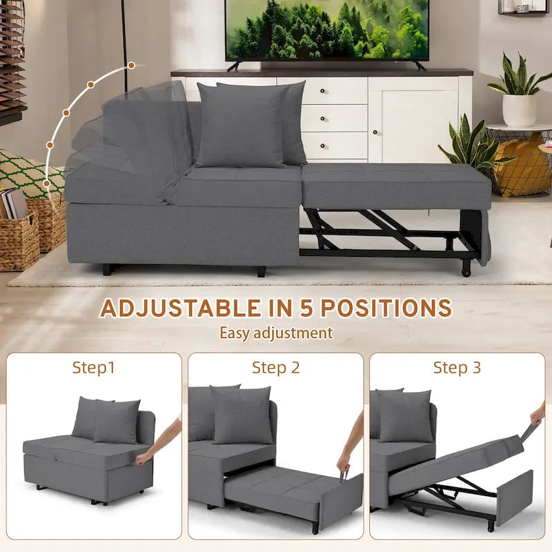 Grey / Black / Dark Blue / Beige Pull-Out Sofa Chair Bed, 3-in-1 Adjustable, Seats 2