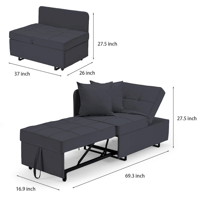 Grey / Black / Dark Blue / Beige Pull-Out Sofa Chair Bed, 3-in-1 Adjustable, Seats 2