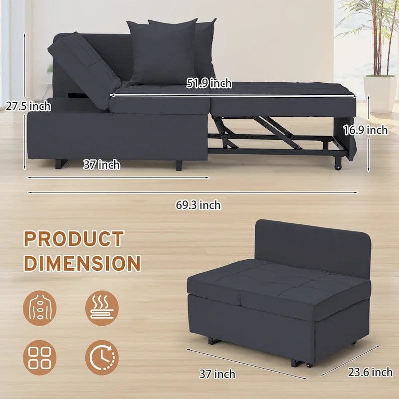 Grey / Black / Dark Blue / Beige Pull-Out Sofa Chair Bed, 3-in-1 Adjustable, Seats 2