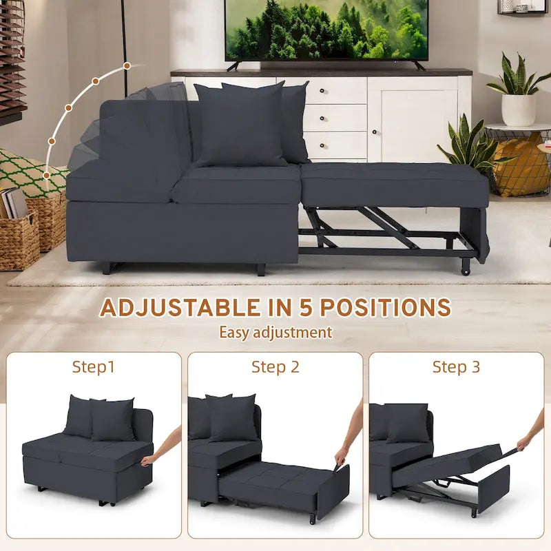 Grey / Black / Dark Blue / Beige Pull-Out Sofa Chair Bed, 3-in-1 Adjustable, Seats 2