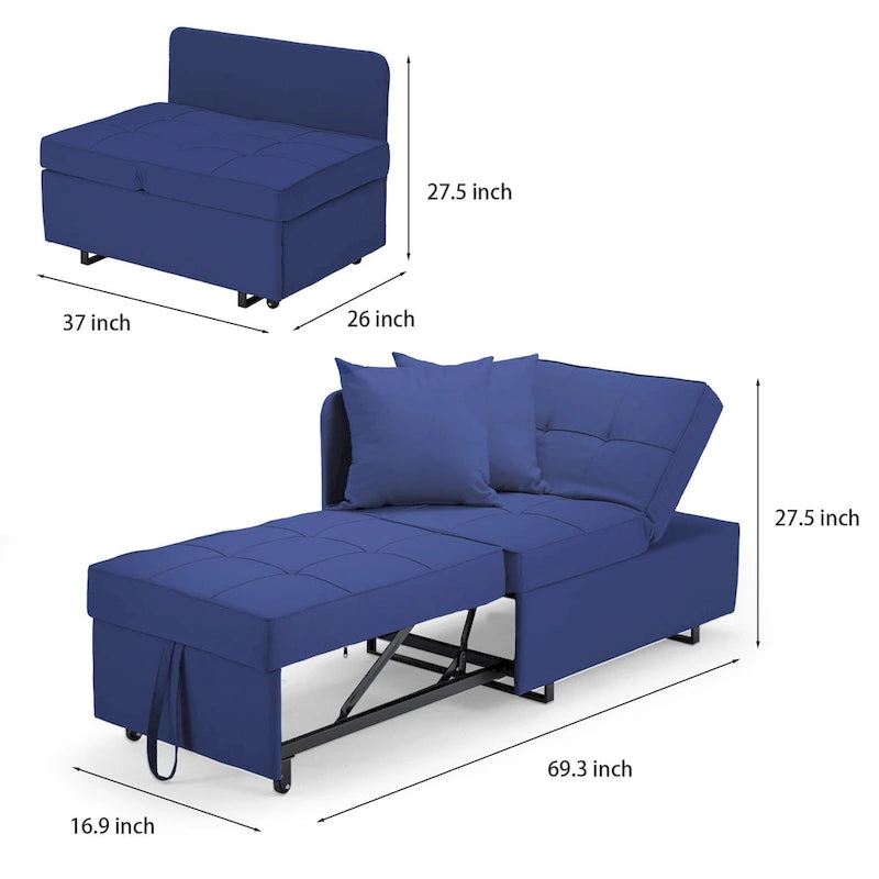 Grey / Black / Dark Blue / Beige Pull-Out Sofa Chair Bed, 3-in-1 Adjustable, Seats 2