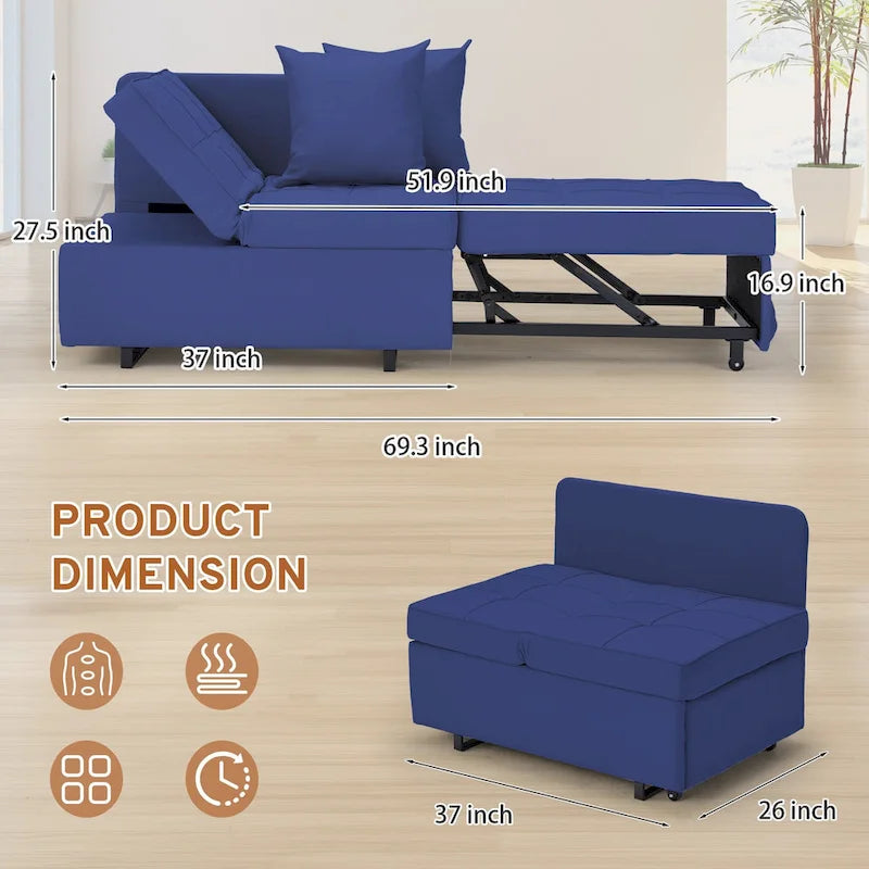 Grey / Black / Dark Blue / Beige Pull-Out Sofa Chair Bed, 3-in-1 Adjustable, Seats 2